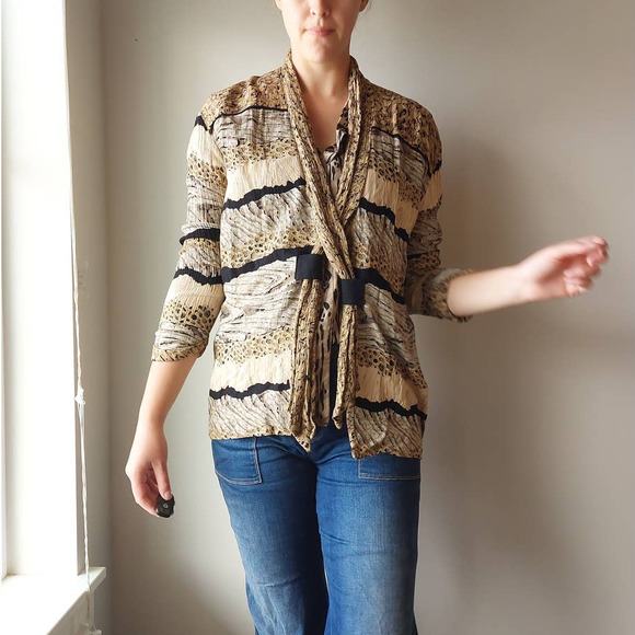 Vintage 80s 90s A.K.F. Mixed Animal Print Blazer Cardigan Scarf Detail - Picture 2 of 7